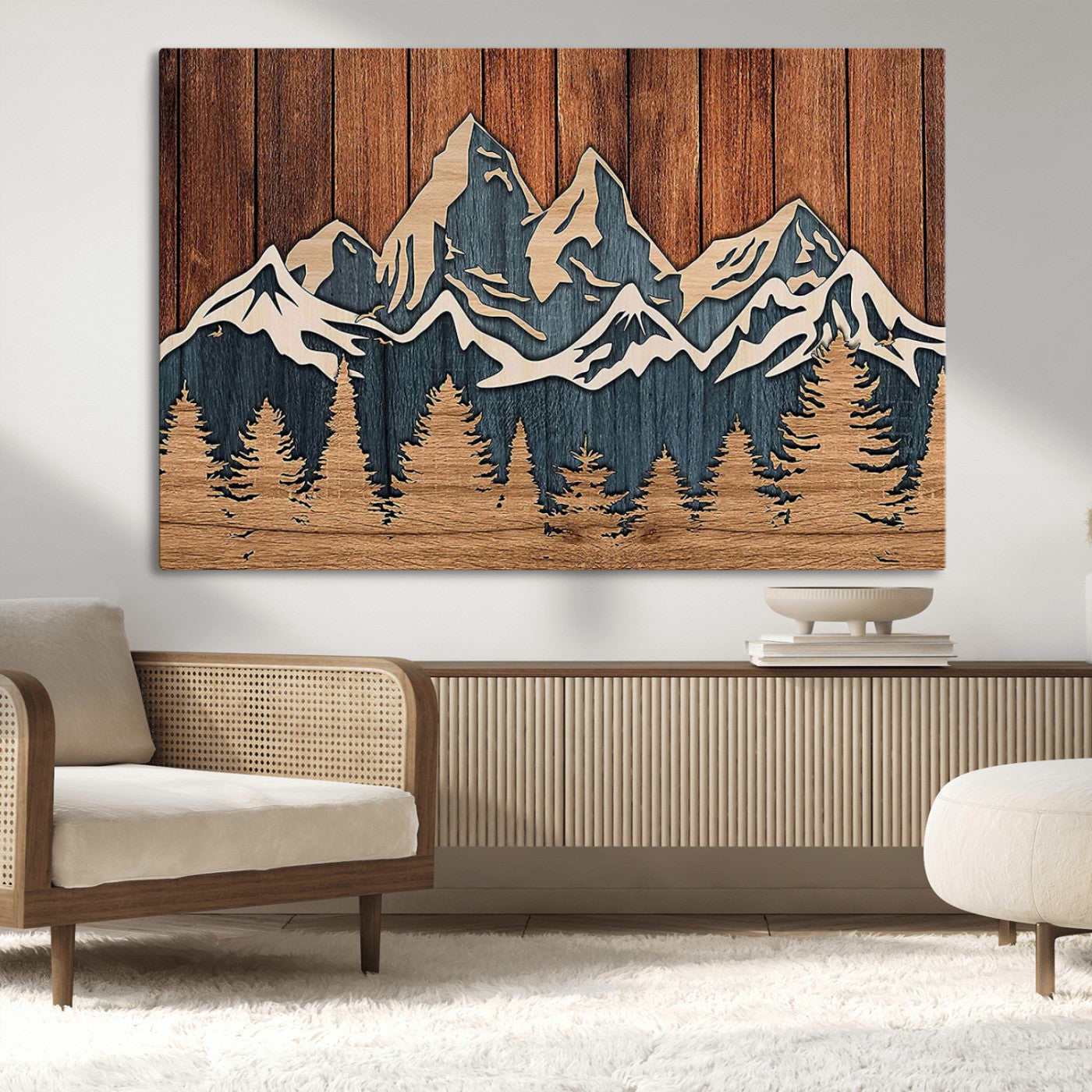 41330-MGV-CV-36X24-Rustic Mountain Wall Art – Wooden Nature Scene with Trees and Peaks, Handmade 3D Layered Decor for Living Room, Cabin or Office