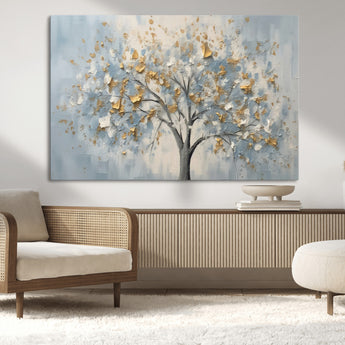 65811-MGV-CV-36X24-Abstract Tree Wall Art – Textured Canvas Painting with Gold and White Leaves, Modern Nature Inspired Decor for Living Room or