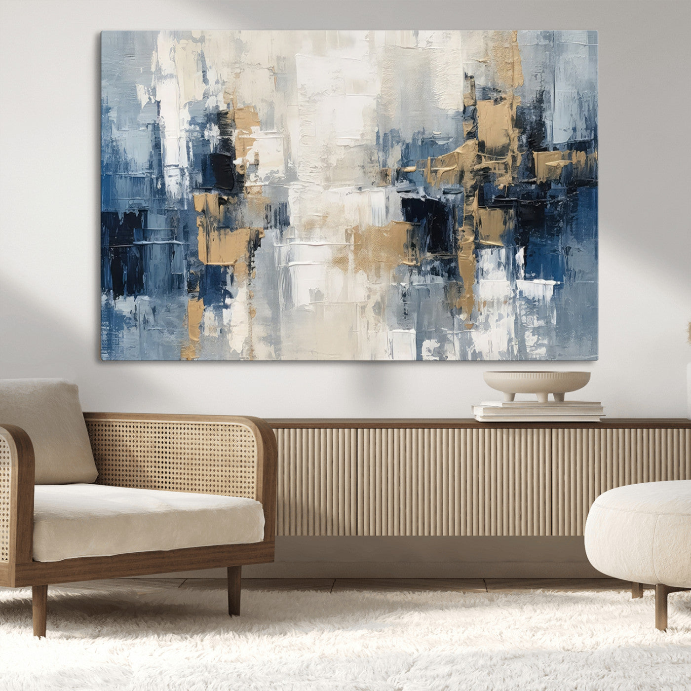 44344-MGV-CV-36X24-Abstract Blue and Gold Wall Art – Modern Hand Painted Canvas Print, Contemporary Textured Painting for Living Room, Bedroom or