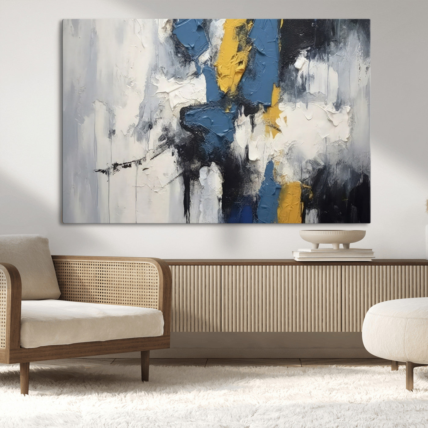 63850-MGV-CV-36X24-Abstract Blue and Yellow Wall Art – Modern Textured Canvas Painting, Bold Contemporary Artwork for Living Room, Bedroom or Office