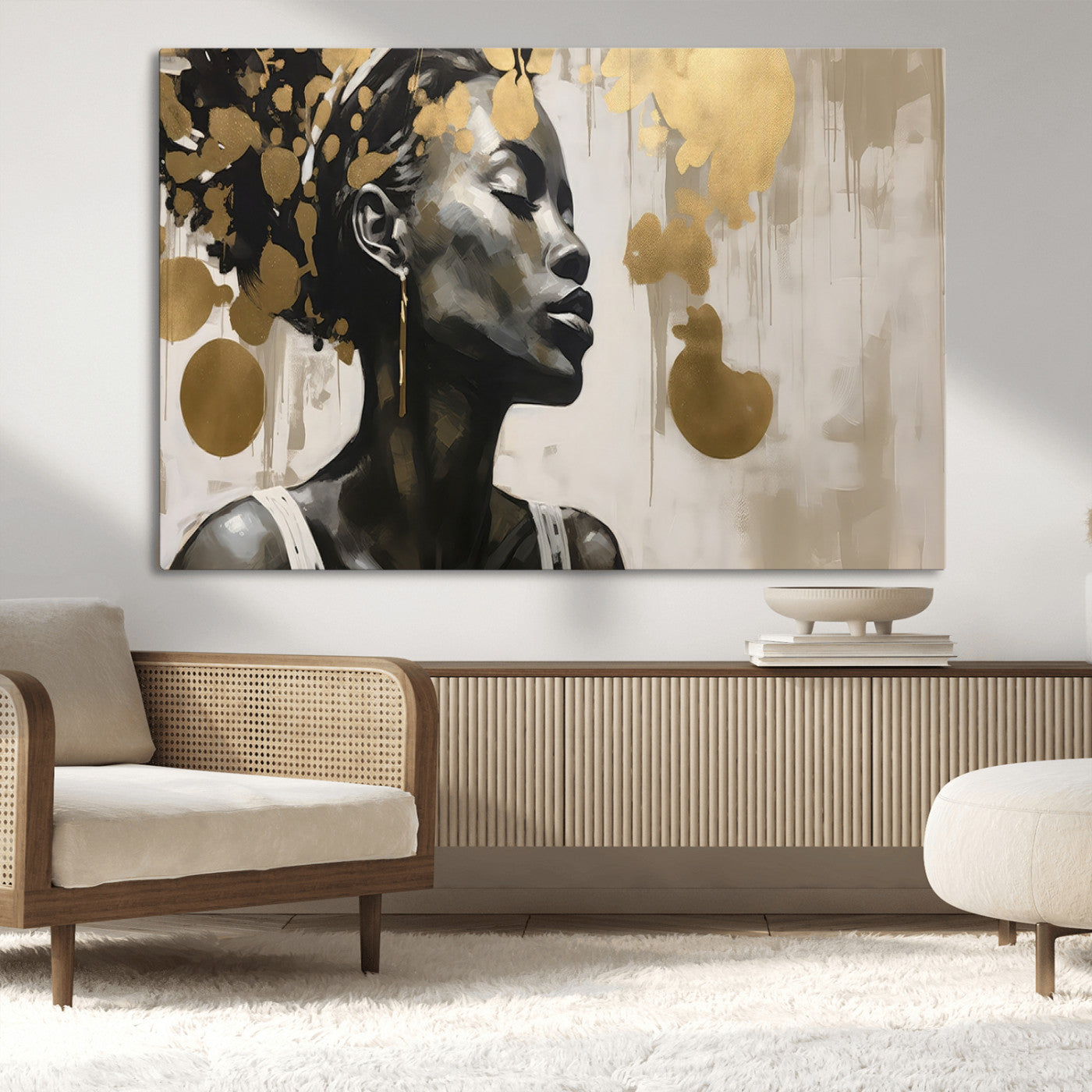 65669-MGV-CV-36X24-Elegant Black Woman Wall Art – Modern Abstract Portrait Canvas with Gold Accents, Contemporary Afrocentric Decor for Living Room