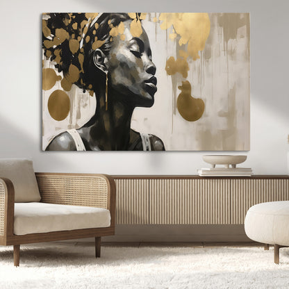 65669-MGV-CV-36X24-Elegant Black Woman Wall Art – Modern Abstract Portrait Canvas with Gold Accents, Contemporary Afrocentric Decor for Living Room