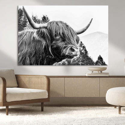 61570-MGV-CV-36X24-Highland Cow Wall Art – Black and White Scottish Bull Canvas Print, Rustic Farmhouse Animal Decor for Living Room, Bedroom, or
