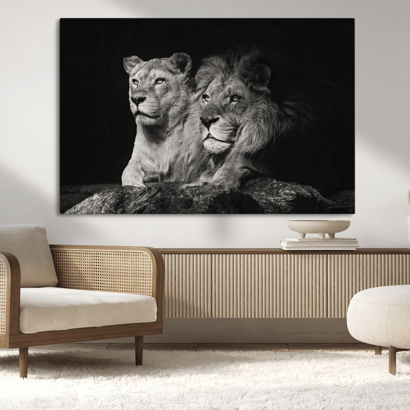 80013-MGV-CV-36X24-Lion and Lioness Wall Art – Black and White Wildlife Photography Canvas Print, African Safari Animal Decor for Office, Bedroom