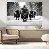45287-MGV-CV-36X24-Bison Herd Wall Art – Black and White Buffalo Snow Road Canvas Print, Rustic Wildlife Decor for Cabin, Lodge or Living Room