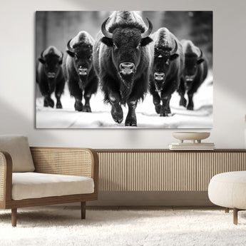79872-MGV-CV-36X24-Bison Herd Wall Art – Black and White Buffalo on Snow Canvas Print, Rustic Wildlife Decor for Lodge, Cabin, or Living Room