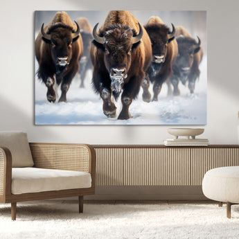 80512-MGV-CV-36X24-Bison Herd Wall Art – Buffalo Running in Snow Canvas Print, Rustic Wildlife Photography Decor for Cabin, Lodge, or Living Room