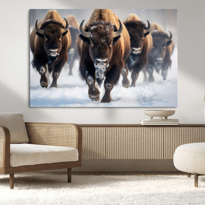 80512-MGV-CV-36X24-Bison Herd Wall Art – Buffalo Running in Snow Canvas Print, Rustic Wildlife Photography Decor for Cabin, Lodge, or Living Room