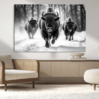 97552-MGV-CV-36X24-Black and White Bison Wall Art – Buffalo Herd Running in Snow Canvas Print, Rustic Wildlife Photography Decor for Cabin, Lodge, or