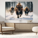 56549-MGV-CV-36X24-Wild Bison Wall Art – Majestic Buffalo Herd Running in Snow Canvas Print, Rustic Wildlife Photography Decor for Cabin, Lodge, or