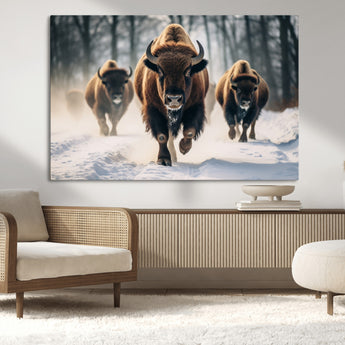 56549-MGV-CV-36X24-Wild Bison Wall Art – Majestic Buffalo Herd Running in Snow Canvas Print, Rustic Wildlife Photography Decor for Cabin, Lodge, or