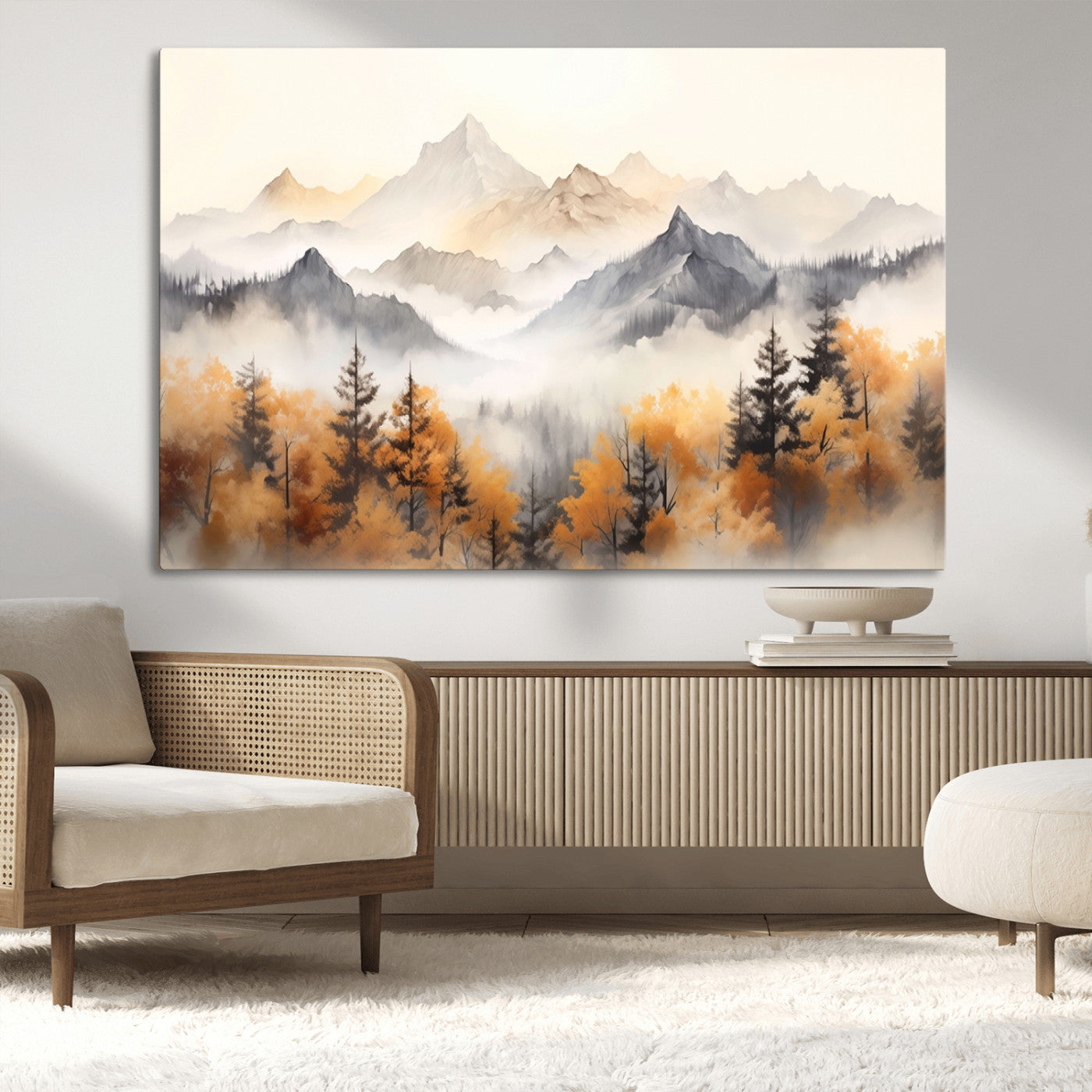70049-MGV-CV-36X24-Autumn Mountain Forest Wall Art – Misty Landscape Canvas Print, Rustic Nature Inspired Decor for Living Room, Bedroom or Office