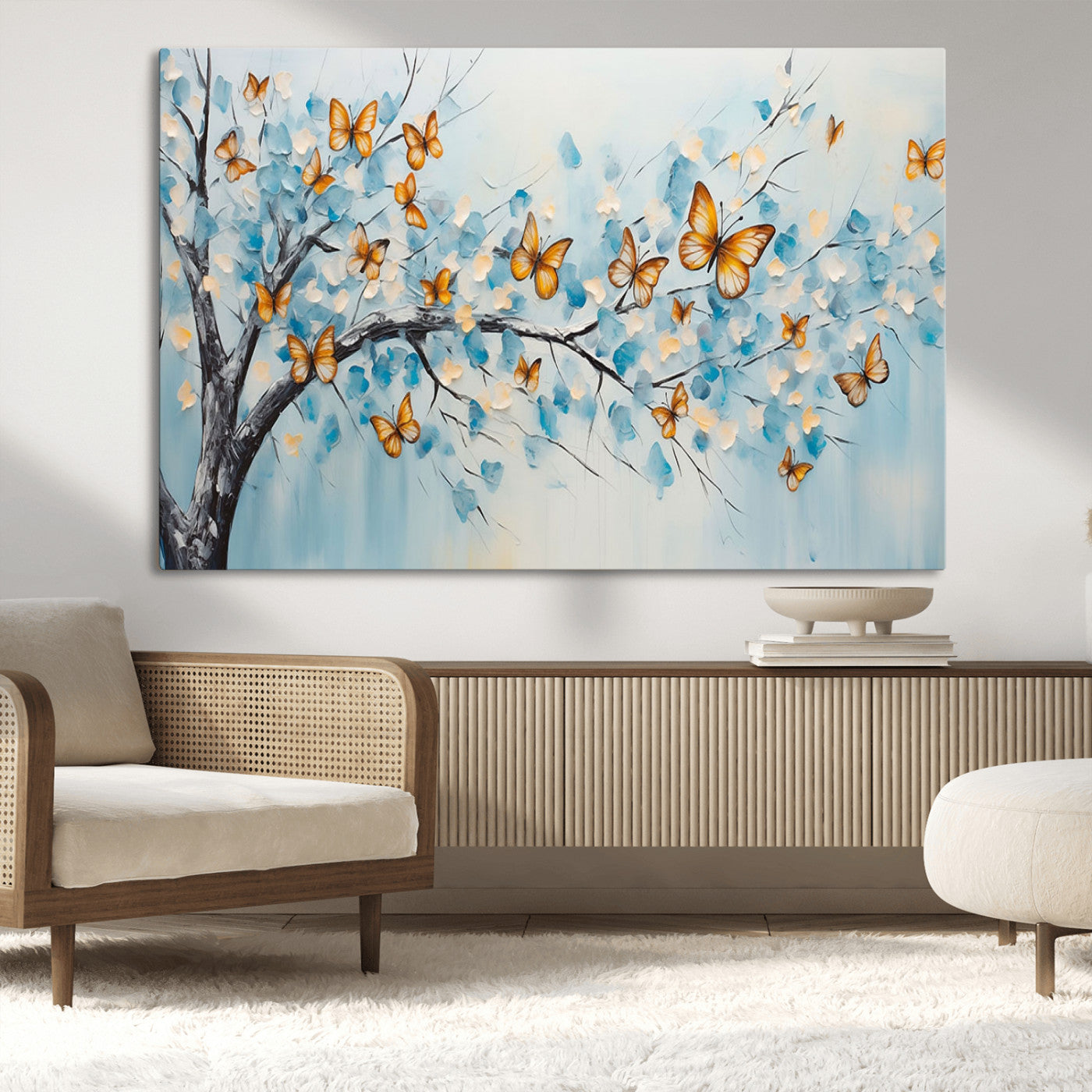 59455-MGV-CV-36X24-Butterfly Tree Branch Wall Art – Blue and Yellow Abstract Canvas Print, Modern Nature Artwork for Living Room, Bedroom or Office