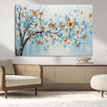 59455-MGV-CV-36X24-Butterfly Tree Branch Wall Art – Blue and Yellow Abstract Canvas Print, Modern Nature Artwork for Living Room, Bedroom or Office