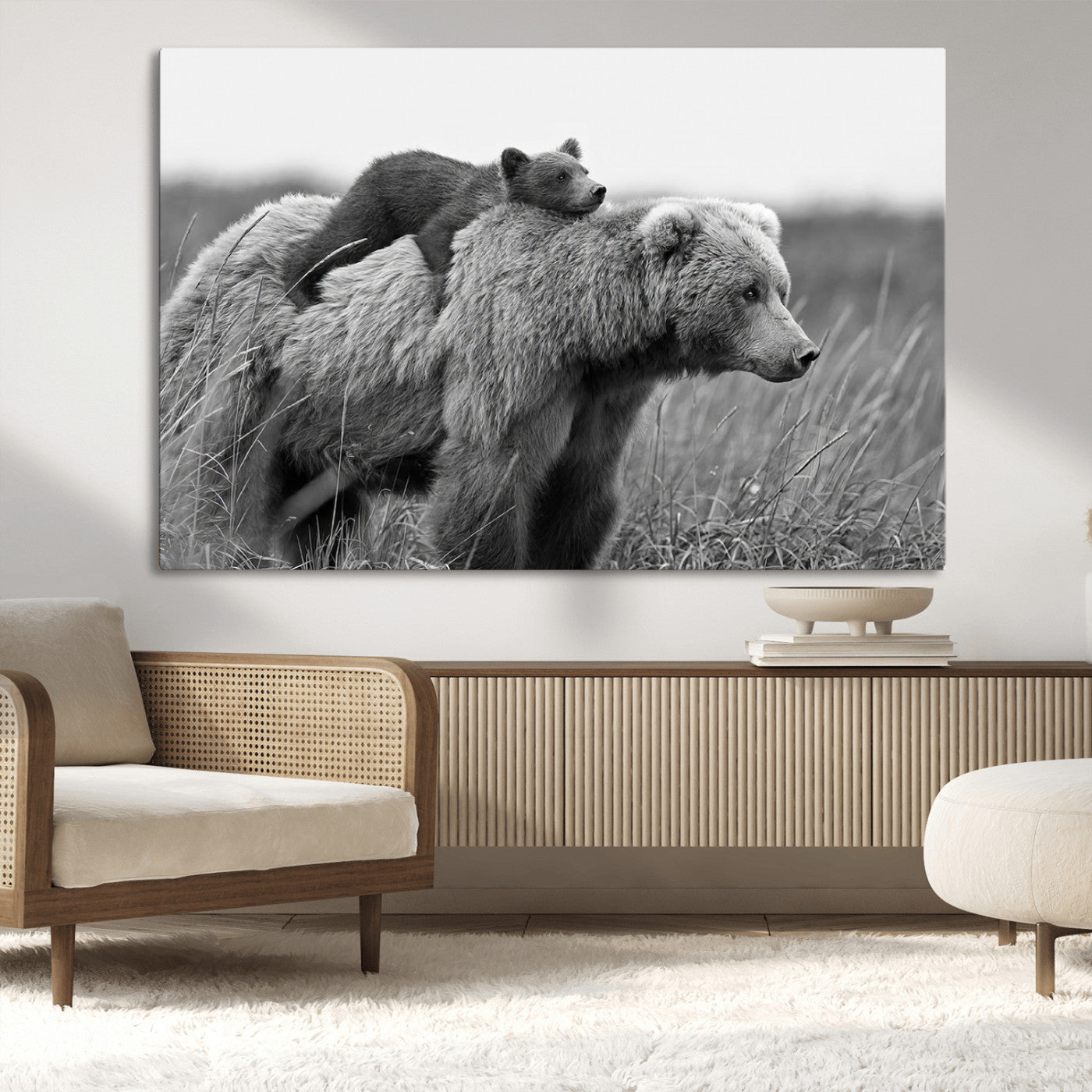 76338-MGV-CV-36X24-Mother Bear and Cub Wall Art – Black and White Wildlife Canvas Print, Rustic Nature Photography for Cabin, Living Room or Office