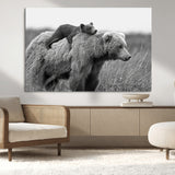 76338-MGV-CV-36X24-Mother Bear and Cub Wall Art – Black and White Wildlife Canvas Print, Rustic Nature Photography for Cabin, Living Room or Office