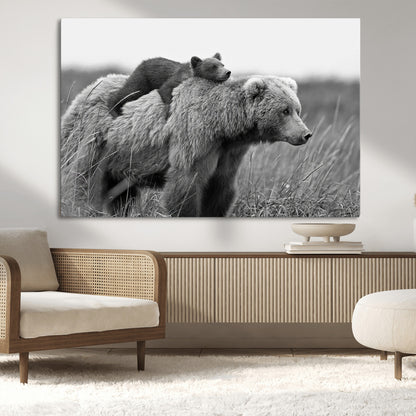 76338-MGV-CV-36X24-Mother Bear and Cub Wall Art – Black and White Wildlife Canvas Print, Rustic Nature Photography for Cabin, Living Room or Office