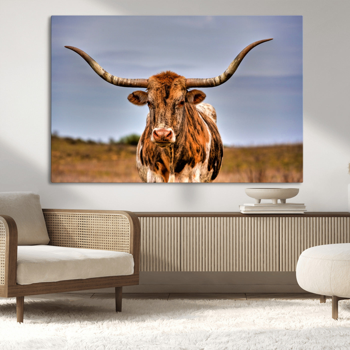18594-MGV-CV-36X24-Texas Longhorn Bull Wall Art – Rustic Western Cattle Canvas Print, Country Farmhouse Decor for Living Room, Office or Cabin