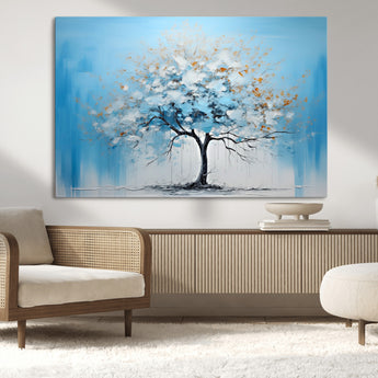 25021-MGV-CV-36X24-Abstract Tree Wall Art – Blue and White Canvas Painting with Gold Accents, Modern Nature-Inspired Artwork for Living Room, Bedroom