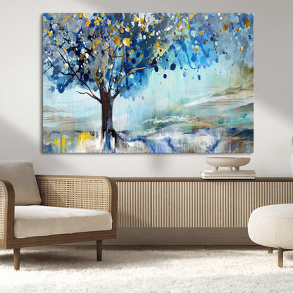 17018-MGV-CV-36X24-Abstract Blue Tree Wall Art – Colorful Canvas Painting with Gold and Silver Accents, Modern Nature Artwork for Living Room,