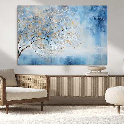 23891-MGV-CV-36X24-Abstract Tree Wall Art – Minimalist Blue and Gold Canvas Painting, Elegant Nature-Inspired Artwork for Living Room, Bedroom or