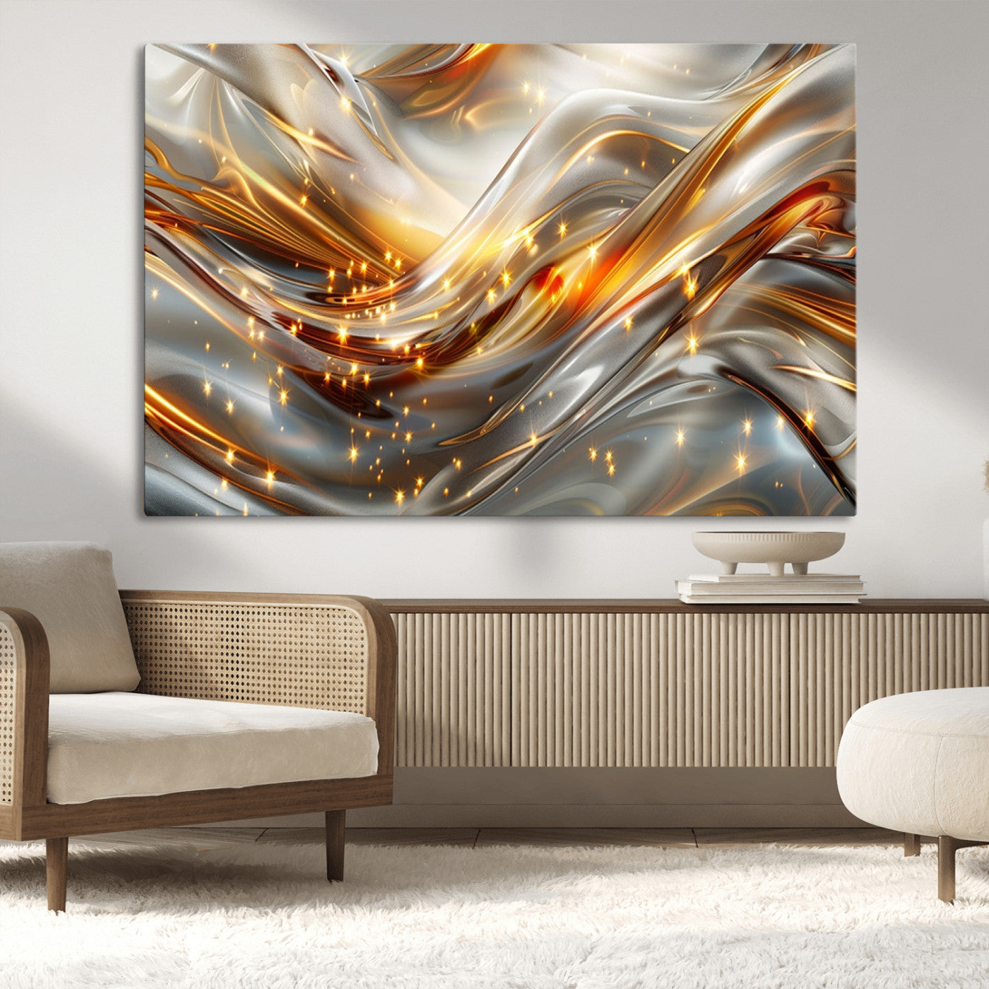 Lines1-MGV-CV-36X24-Abstract Metallic Wall Art – Silver and Gold Wave Canvas Print with Sparkling Accents, Modern Luxury Decor for Living Room, Office