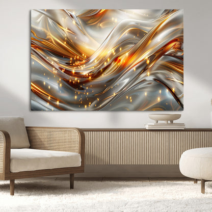 Lines1-MGV-CV-36X24-Abstract Metallic Wall Art – Silver and Gold Wave Canvas Print with Sparkling Accents, Modern Luxury Decor for Living Room, Office