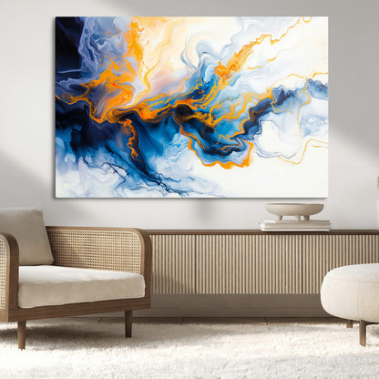 83720-MGV-CV-36X24-Abstract Fluid Wall Art – Blue, White and Gold Swirl Canvas Painting, Modern Contemporary Artwork for Living Room, Bedroom or