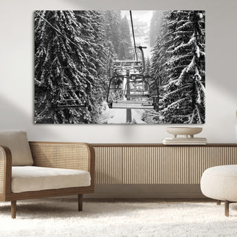 19240-MGV-CV-36X24-Ski Lift Wall Art – Black and White Winter Mountain Canvas Print, Snowy Forest Ski Resort Photography for Cabin, Lodge, Office or