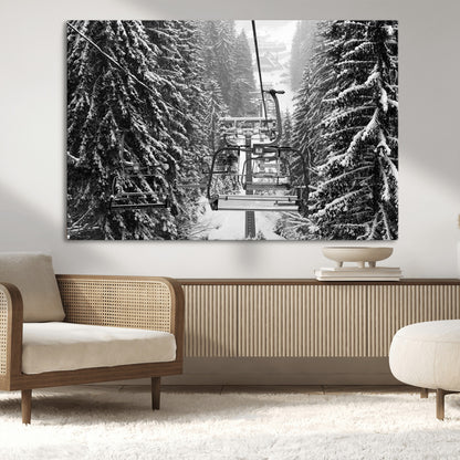 19240-MGV-CV-36X24-Ski Lift Wall Art – Black and White Winter Mountain Canvas Print, Snowy Forest Ski Resort Photography for Cabin, Lodge, Office or