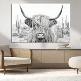 94579-MGV-CV-36X24-Highland Cow Wall Art – Black and White Longhorn Canvas Print, Rustic Western Farmhouse Animal Photography for Living Room,