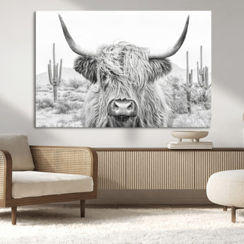 94579-MGV-CV-36X24-Highland Cow Wall Art – Black and White Longhorn Canvas Print, Rustic Western Farmhouse Animal Photography for Living Room,