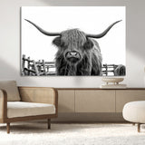 58188-MGV-CV-36X24-Highland Cow Wall Art – Black and White Rustic Farmhouse Canvas Print, Longhorn Cattle Photography Decor for Living Room or