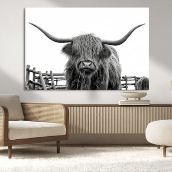 58188-MGV-CV-36X24-Highland Cow Wall Art – Black and White Rustic Farmhouse Canvas Print, Longhorn Cattle Photography Decor for Living Room or