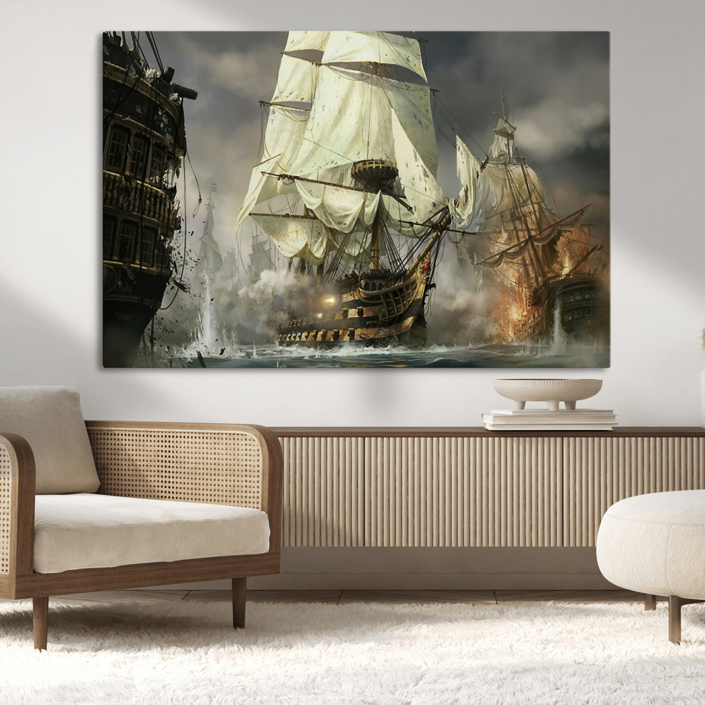 26512-MGV-CV-36X24-Naval Battle Wall Art – Dramatic Tall Ship Canvas Print, Historic Pirate Sailing War Scene, Nautical Decor for Office, Study or