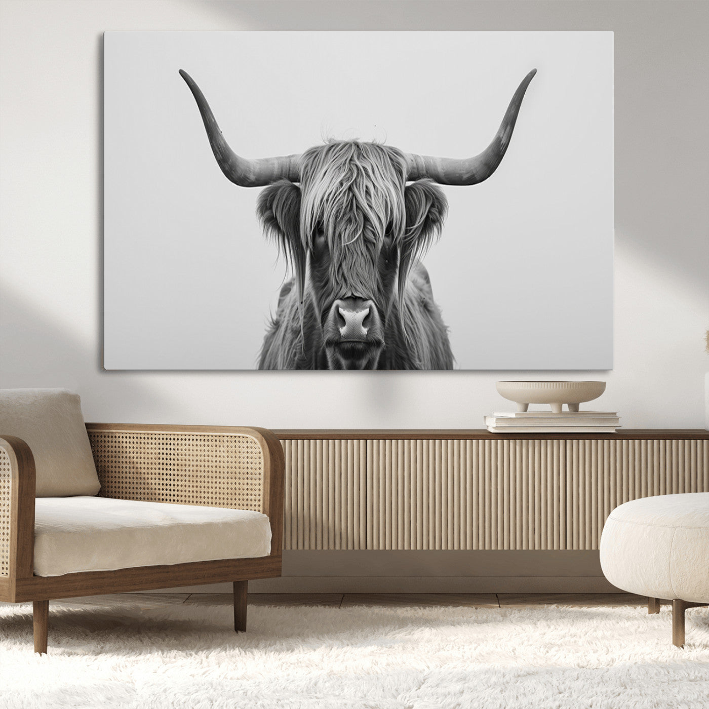 35820-MGV-CV-36X24-Minimalist Highland Cow Wall Art – Black and White Longhorn Cattle Canvas Print, Modern Farmhouse Animal Photography Decor for