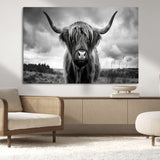 17924-MGV-CV-36X24-Highland Cow Wall Art – Black and White Rustic Longhorn Cattle Canvas Print, Farmhouse Animal Photography Decor for Country Home
