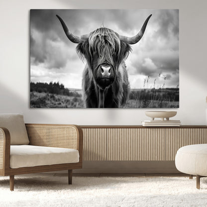 17924-MGV-CV-36X24-Highland Cow Wall Art – Black and White Rustic Longhorn Cattle Canvas Print, Farmhouse Animal Photography Decor for Country Home