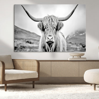 80564-MGV-CV-36X24-Highland Cow Wall Art – Black and White Scottish Highland Canvas Print, Rustic Farmhouse Decor for Living Room, Bedroom or Office