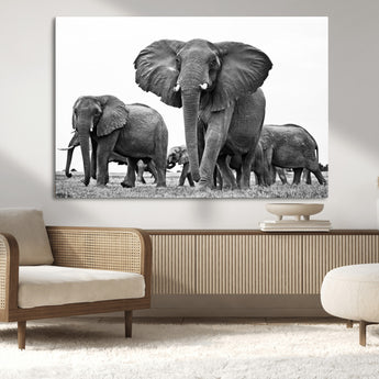 91685-MGV-CV-36X24-Elephant Herd Wall Art – Black and White Safari Canvas Print, African Wildlife Photography Decor for Living Room, Office or