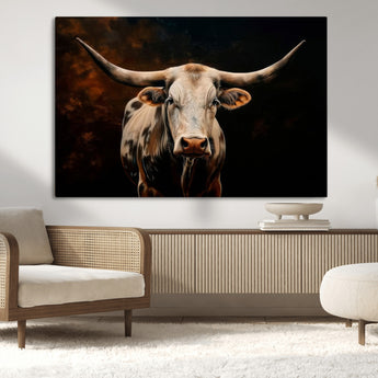 70522-MGV-CV-36X24-Longhorn Bull Wall Art – Striking Canvas Print of Majestic Bull, Premium Animal Decor for Home, Office, Man Cave, or Living Room