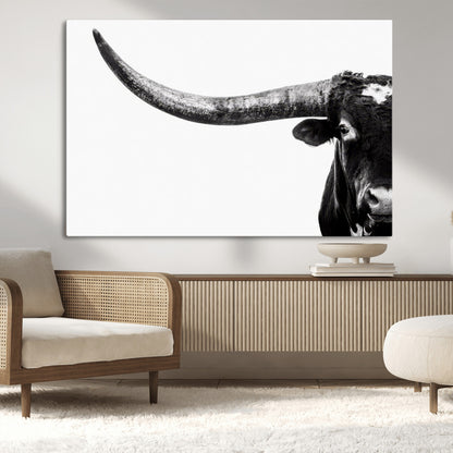 31699-MGV-CV-36X24-Longhorn Wall Art – Black and White Texas Longhorn Cow Canvas Print, Rustic Western Farmhouse Artwork for Living Room, Bedroom or