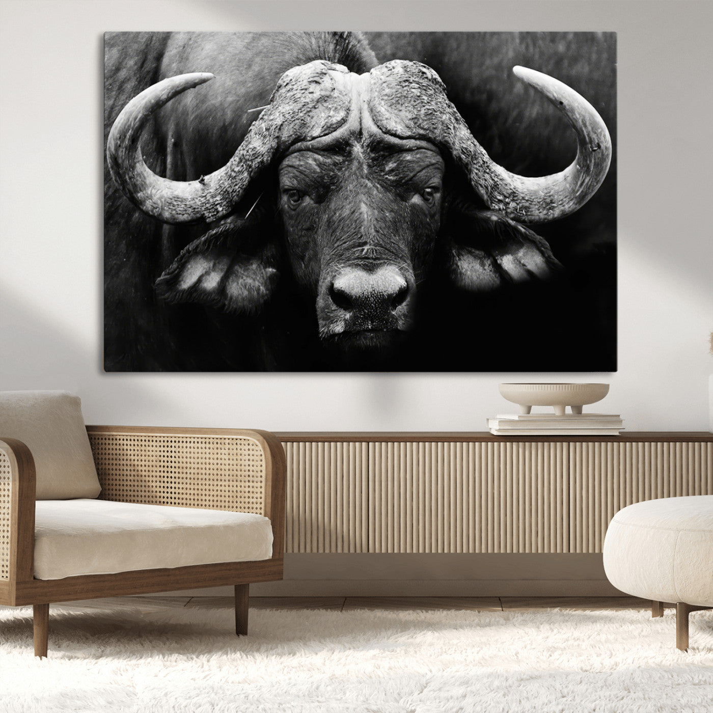 75273-MGV-CV-36X24-Buffalo Wall Art – Black and White African Buffalo Canvas Print, Rustic Wildlife Animal Artwork for Farmhouse, Living Room,
