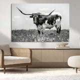 94709-MGV-CV-36X24-Texas Longhorn Wall Art – Black and White Bull Photography Canvas Print, Western Farmhouse Wall Decor for Living Room, Office or
