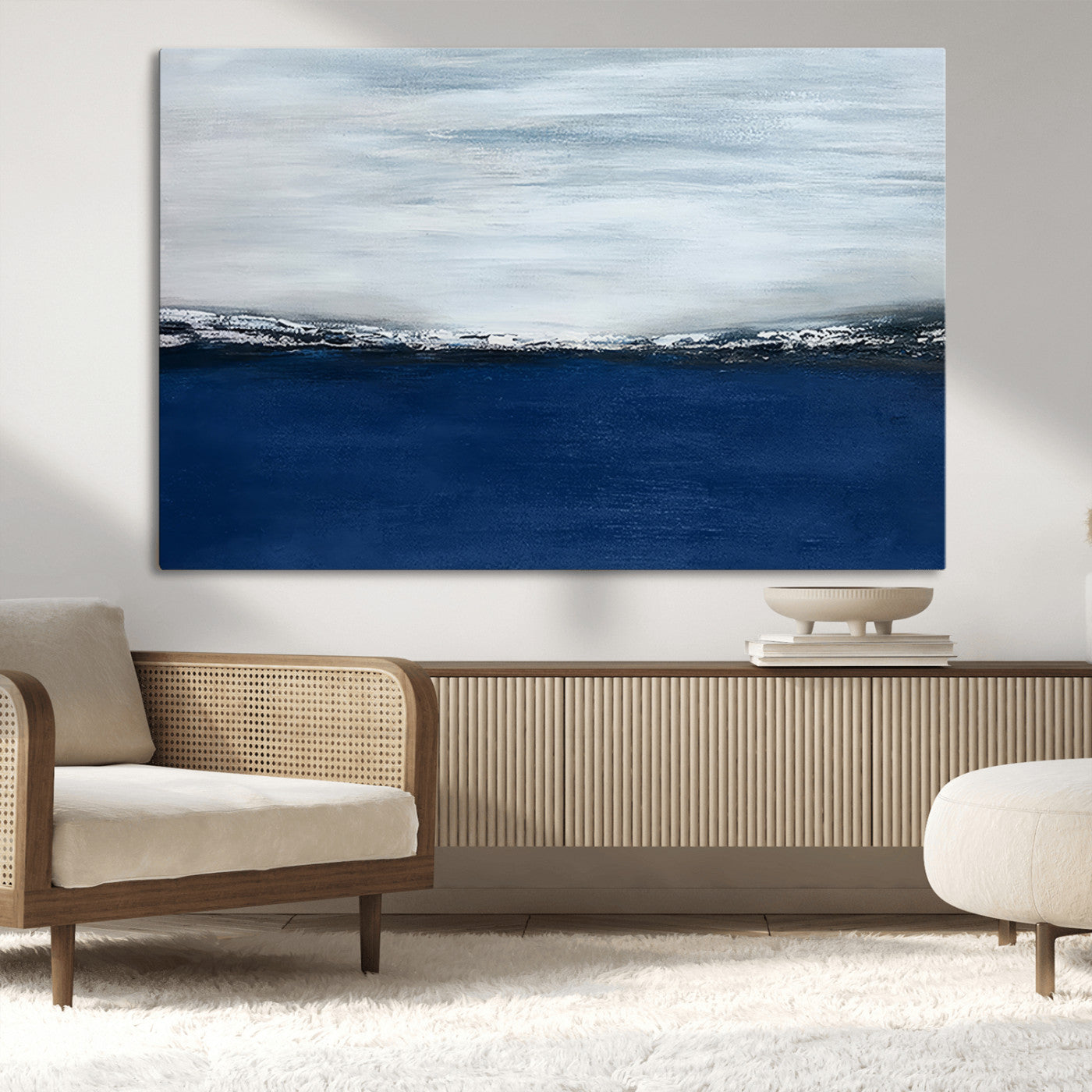 62197-MGV-CV-36X24-Abstract Ocean Wall Art – Minimalist Blue and White Canvas Print, Modern Coastal Seascape Painting for Bedroom, Living Room or