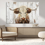 71551-MGV-CV-36X24-Longhorn Bull Wall Art – Rustic Western Cow Canvas Print, Farmhouse Animal Painting with Wood Plank Style for Living Room, Office