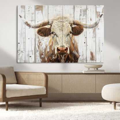 71551-MGV-CV-36X24-Longhorn Bull Wall Art – Rustic Western Cow Canvas Print, Farmhouse Animal Painting with Wood Plank Style for Living Room, Office