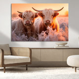 68253-MGV-CV-36X24-Highland Cow Wall Art – Rustic Farmhouse Cattle Canvas Print, Frosty Sunset Animal Artwork for Living Room, Bedroom or Country