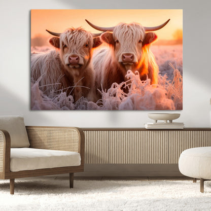68253-MGV-CV-36X24-Highland Cow Wall Art – Rustic Farmhouse Cattle Canvas Print, Frosty Sunset Animal Artwork for Living Room, Bedroom or Country