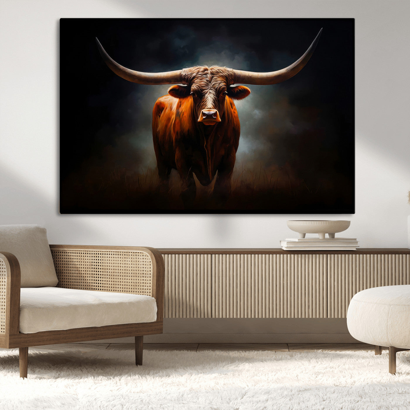 48896-MGV-CV-36X24-Texas Longhorn Wall Art – Rustic Western Bull Canvas Print and Farmhouse Cattle Painting for Living Room, Ranch, or Office Decor .